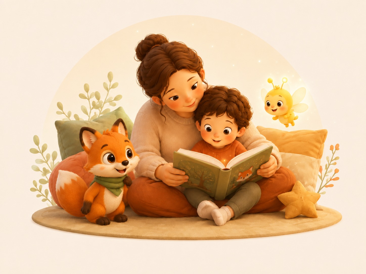 Une maman lit une histoire à son enfant, avec Milo le renard et Luma à leurs côtés